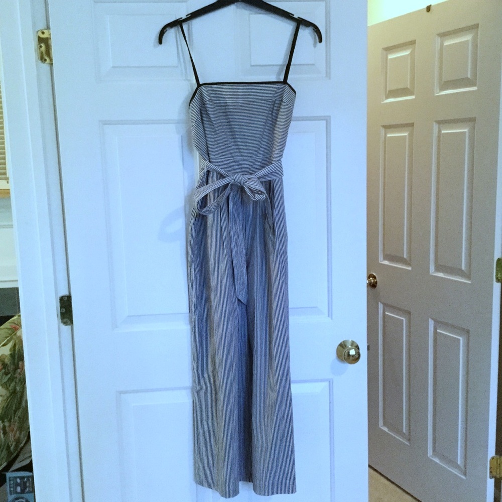 J. Crew Navy & White Tie Waist Jumpsuit